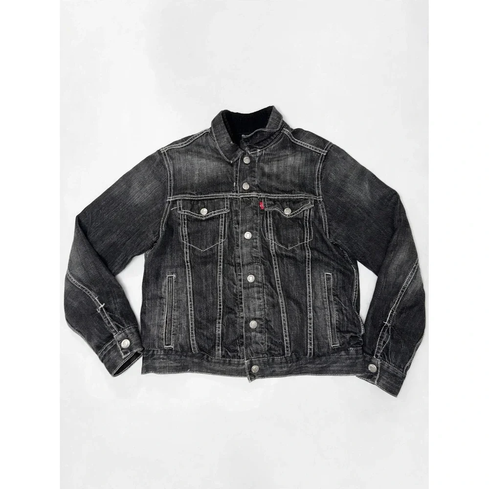 Levi Strauss Co Juniors Denim Trucker Jacket Faded Black White Stitch L 57531